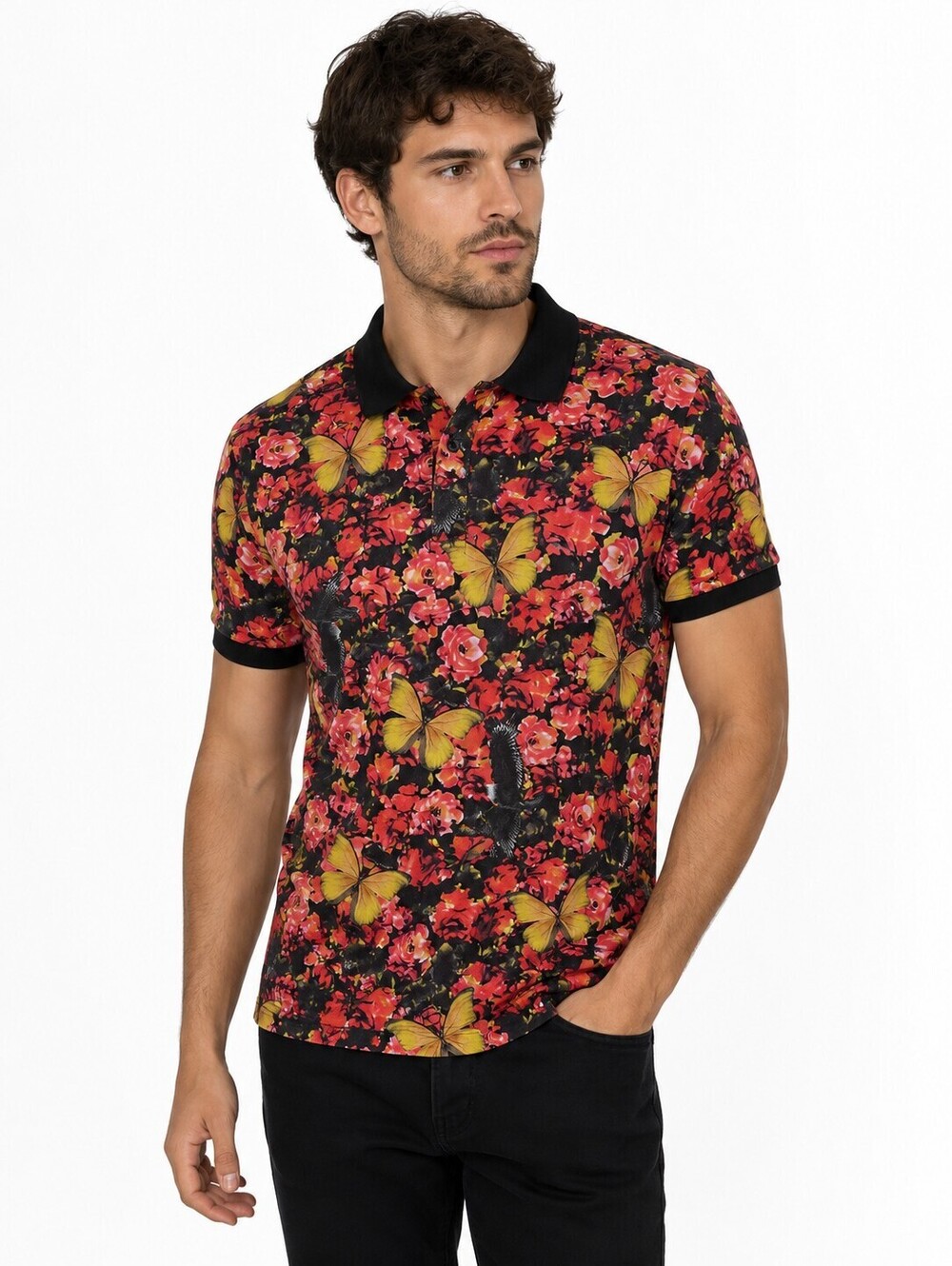 Valentino Men's Floral Butterfly Polo Shirt Black Red Yellow Graphic Print- L